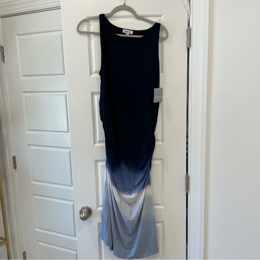 Athleta Ombré Tie-dye Navy Ruched Sleeveless Midi Tank Dress
